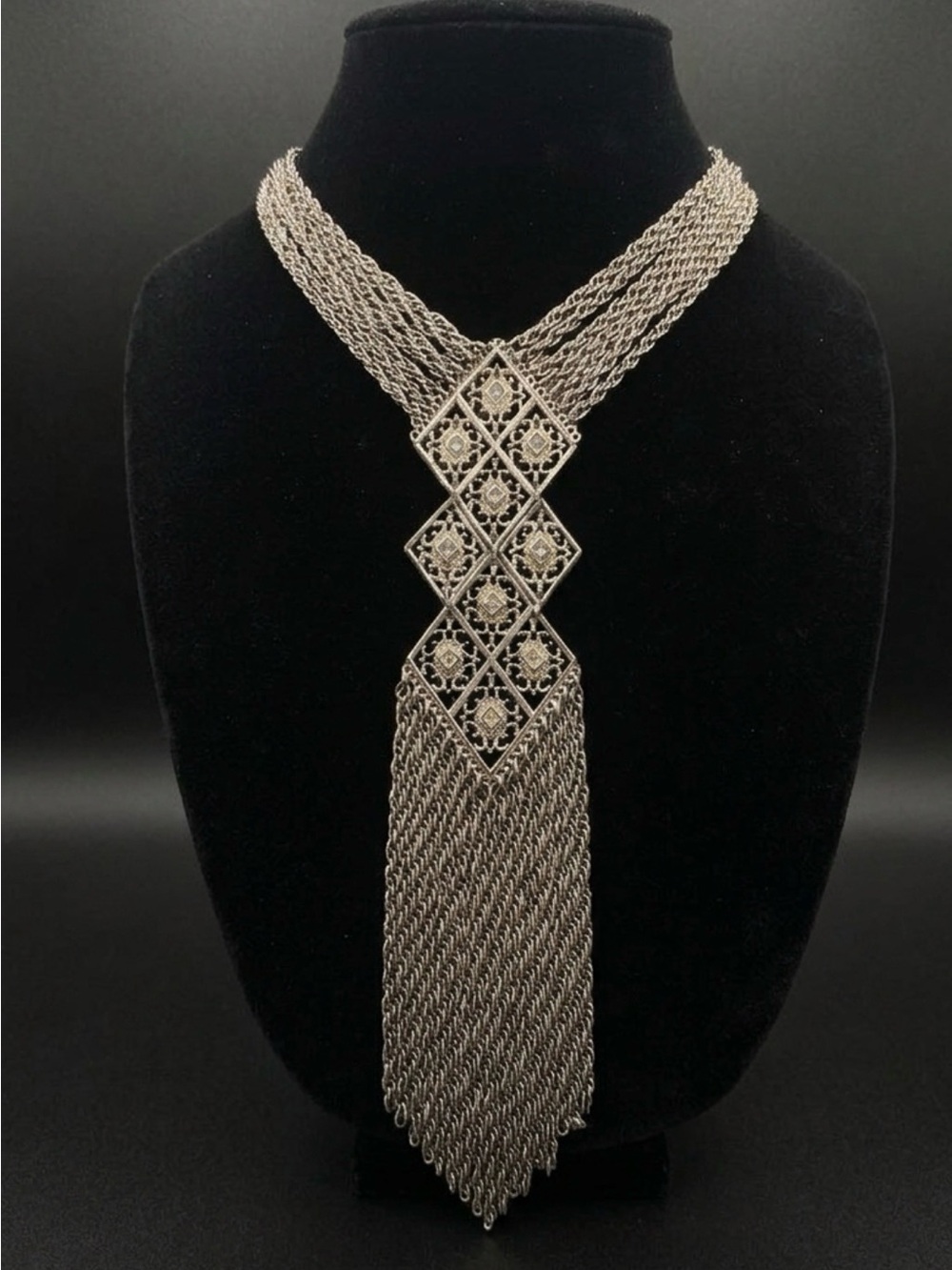 #135 Goldette Vintage Silver-tone Etruscan Revival Statement Necklace